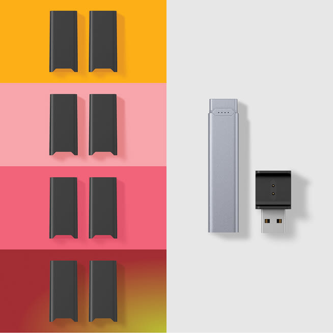 JUUL2 Device, JUUL2 Charging Dock, and 8 JUUL2 pods shown in 4 multi-colored backgrounds