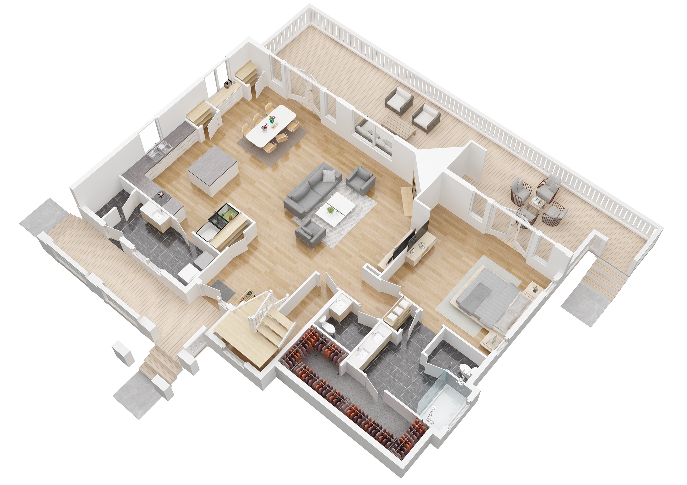 The 3D version of Up Dog's main level floor plan.