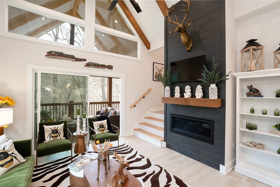 The fireplace of the Aaronson home in Cashiers on Lake Glenville.