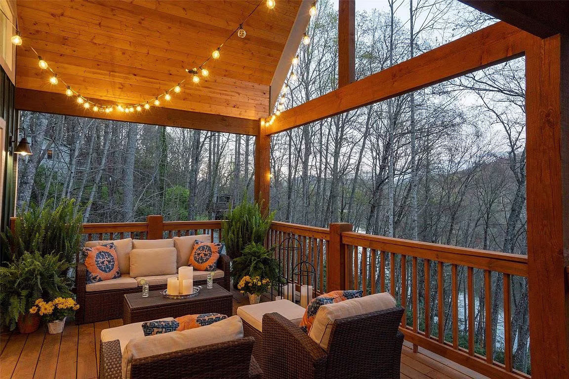 The porch of the Aaronson home in Cashiers on Lake Glenville.