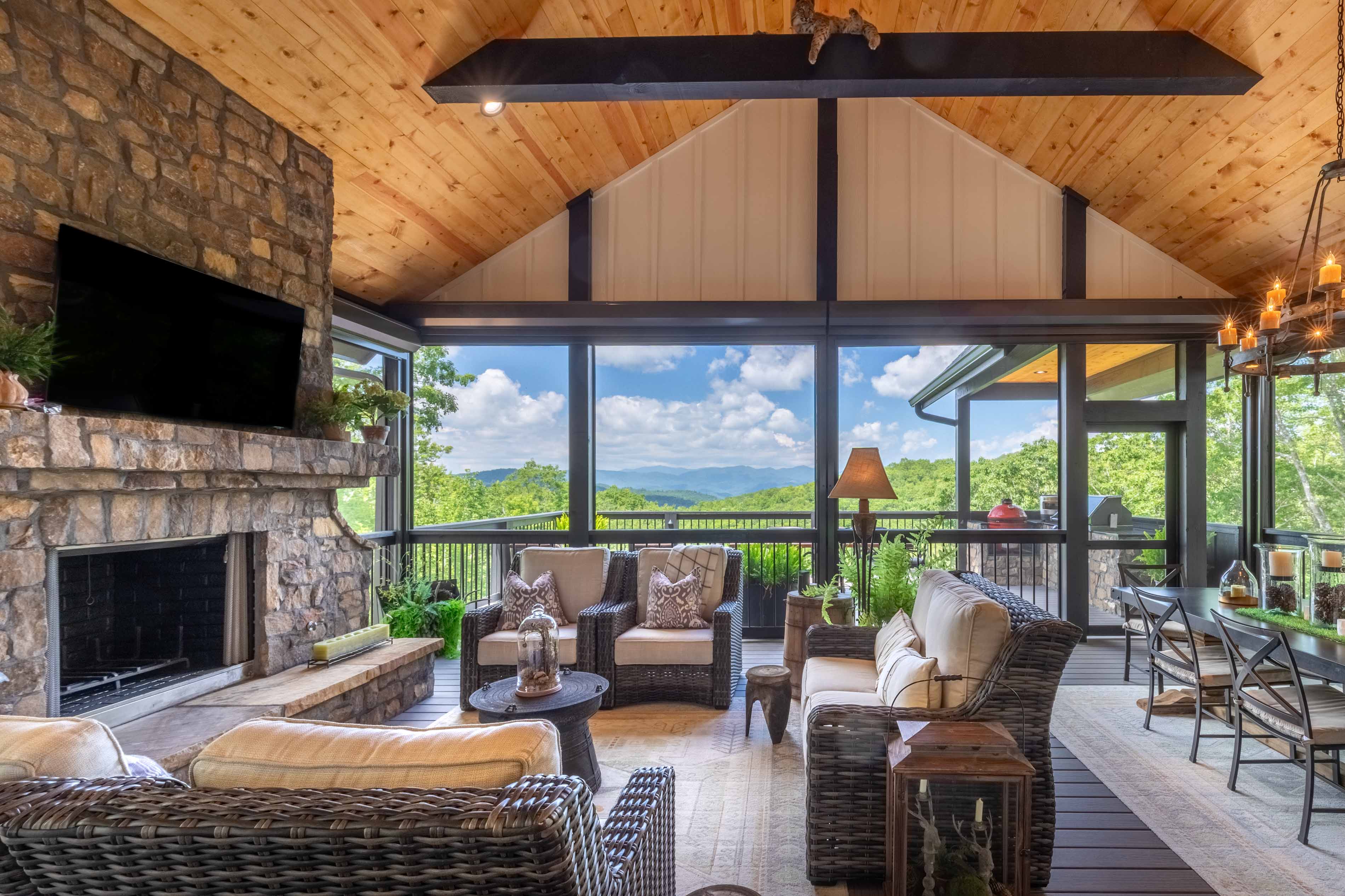 The outdoor patio and fireplace of the Flemming home in Glenville, NC.