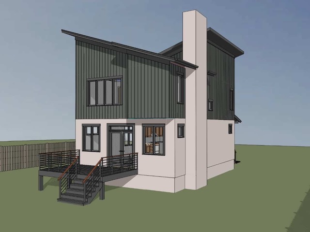 This left rear rendering shows 1463's chimney and back deck.