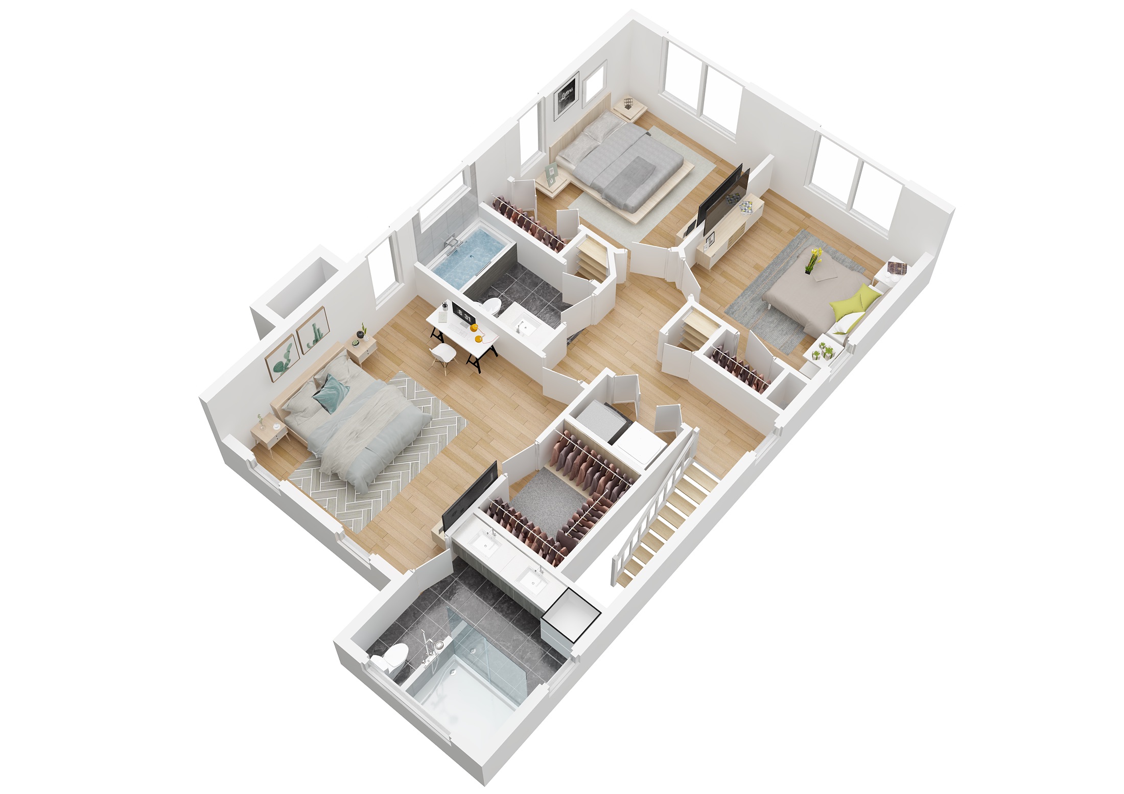 The 3D version of the 1487 upper level floor plan.