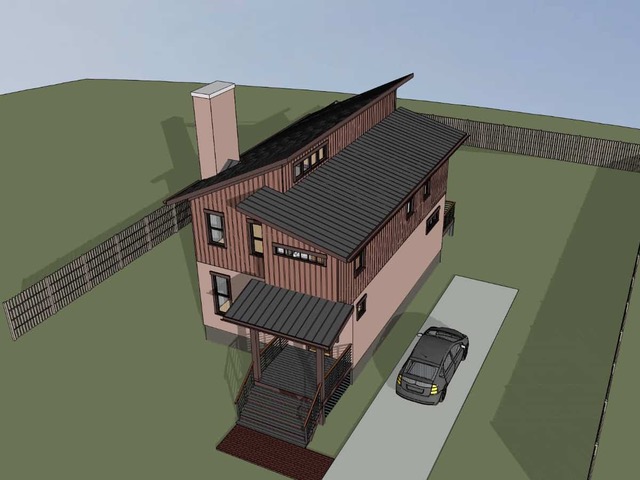 The front porch, split roofline, and dormer windows are displayed in this bird's eye rendering of the 1487 plan.