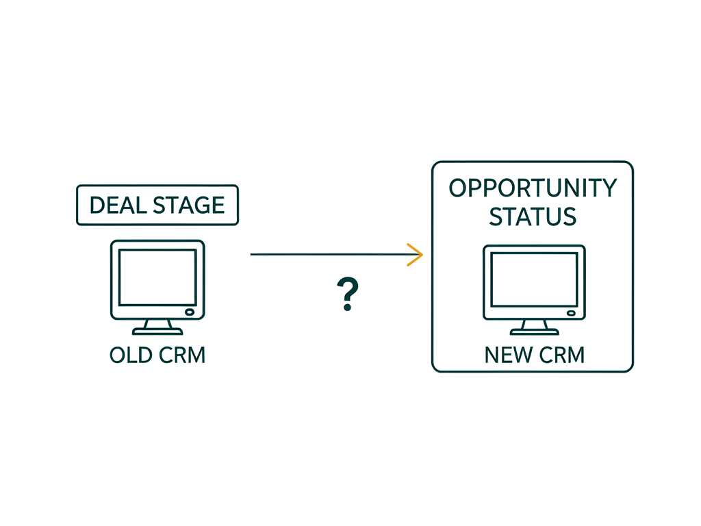 Diagram of a vendor migration renaming a single field from deal_stage in the old CRM to opportunity_status in the new one — the kind of quiet rename that breaks every downstream report pointing at the old name.