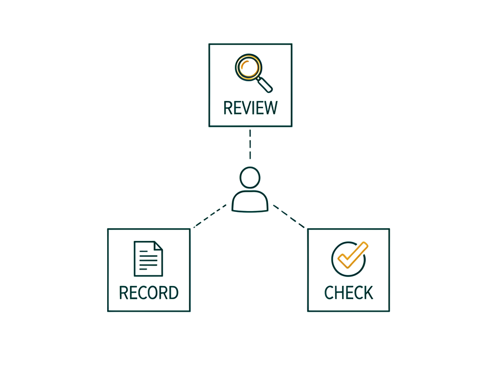 Diagram of one person connected to three roles — Review, Record, Check — representing the habits a solo builder has to take on to safely run their own automation without an engineering team.