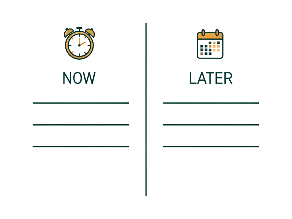 Diagram of splitting a stress list into two columns — what needs handling right now versus what can wait until after the holiday — the sorting step that makes a long to-do list feel manageable again.