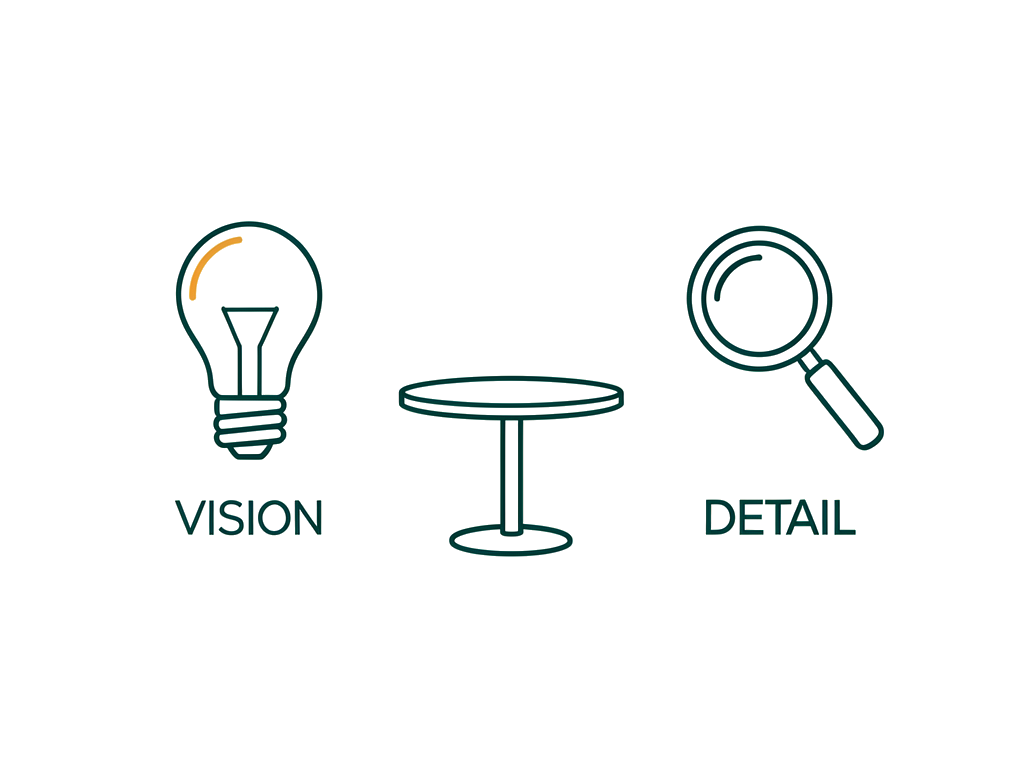 Diagram of a visionary and a detail-obsessed team member seated at the same table — putting big-picture thinkers next to the people who catch the practical barriers is one of the six lessons for leading a successful innovation project.