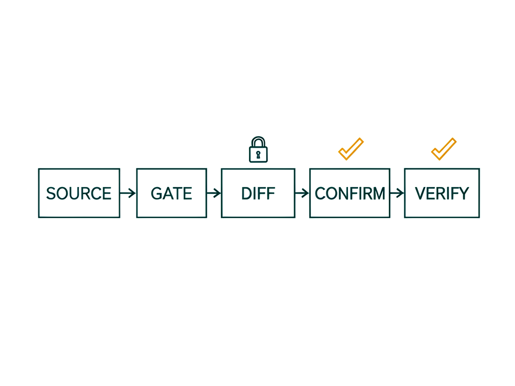 A five-step flow diagram — Source, Gate, Diff, Confirm, Verify — showing the review process that checks every change to the automation before it's allowed to go live.