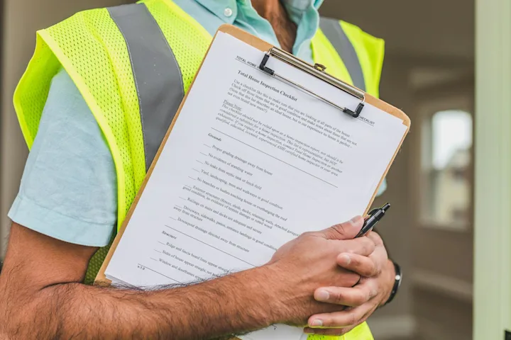 Home inspector in a safety vest holding a clipboard with a printed inspection checklist