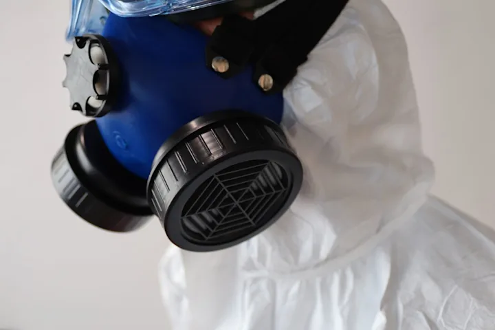 Restoration worker wearing protective coveralls, goggles, and a respirator for mold remediation work