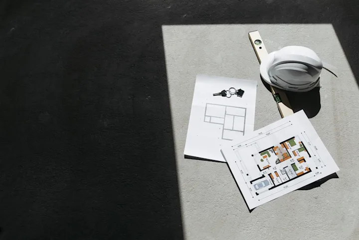 Construction plans, a hard hat, and a level arranged for contractor vendor onboarding