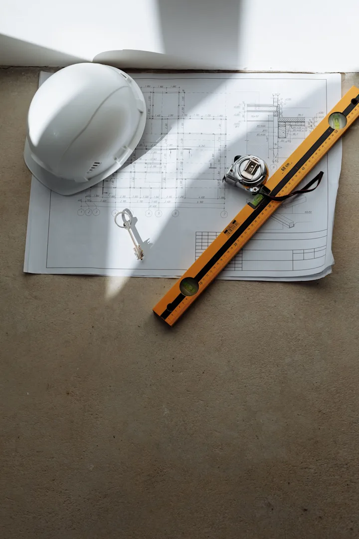 Construction plans with a white hard hat, level, and tape measure on a work surface