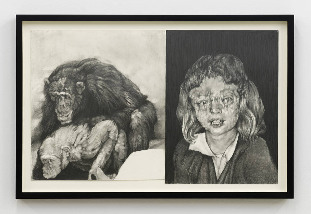 A framed graphite drawing of an abstracted small child next to a pair of gorillas on top of each other.
