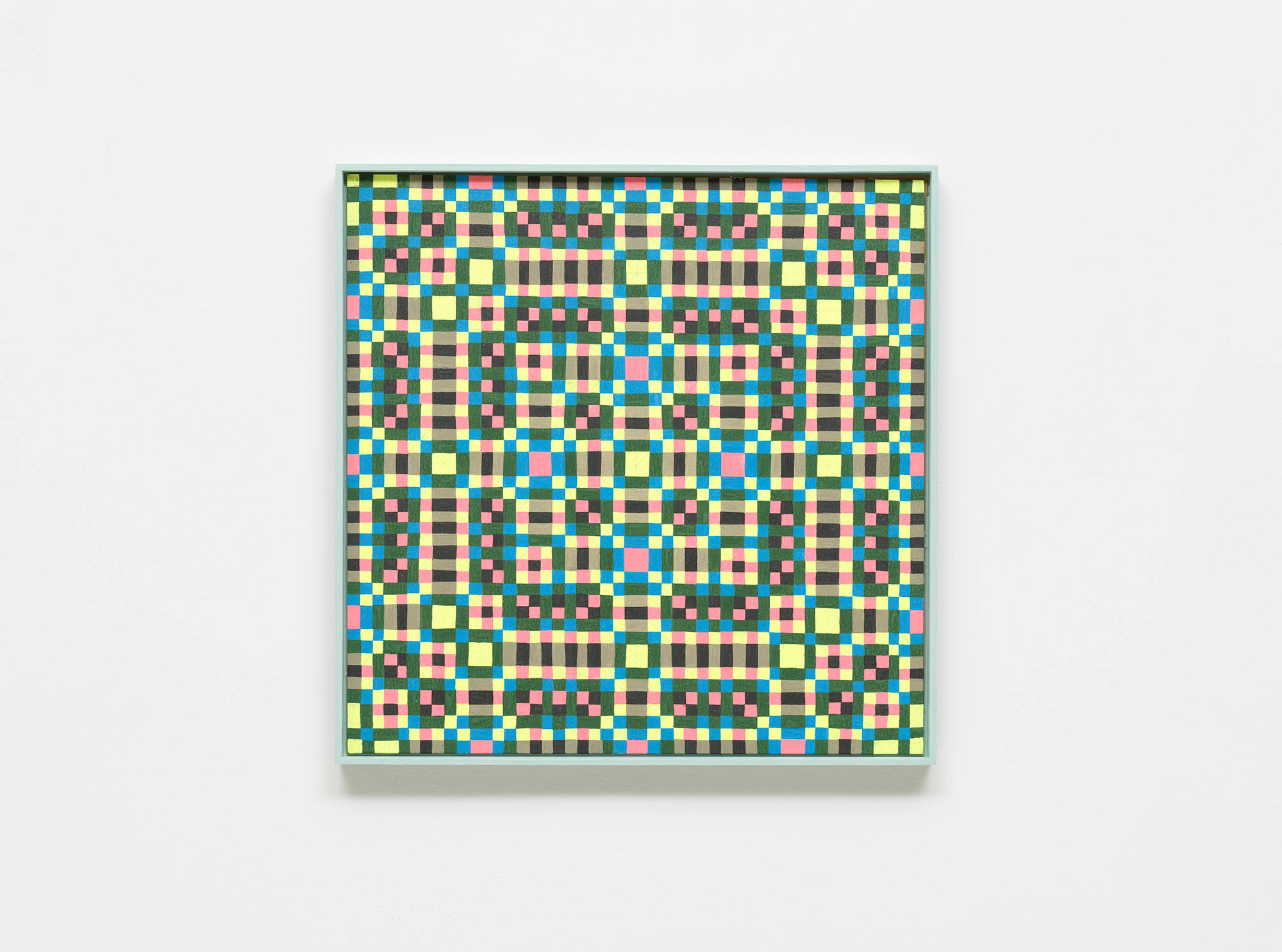 A colorful, intricate grid painting installed on a white wall.