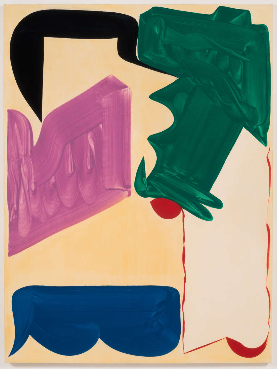 A large abstract painting. The ground of the painting is a pale yellow. In the top right corner is an abstract  form in green. There are other notable sections painted in blue, pink, black, and white.