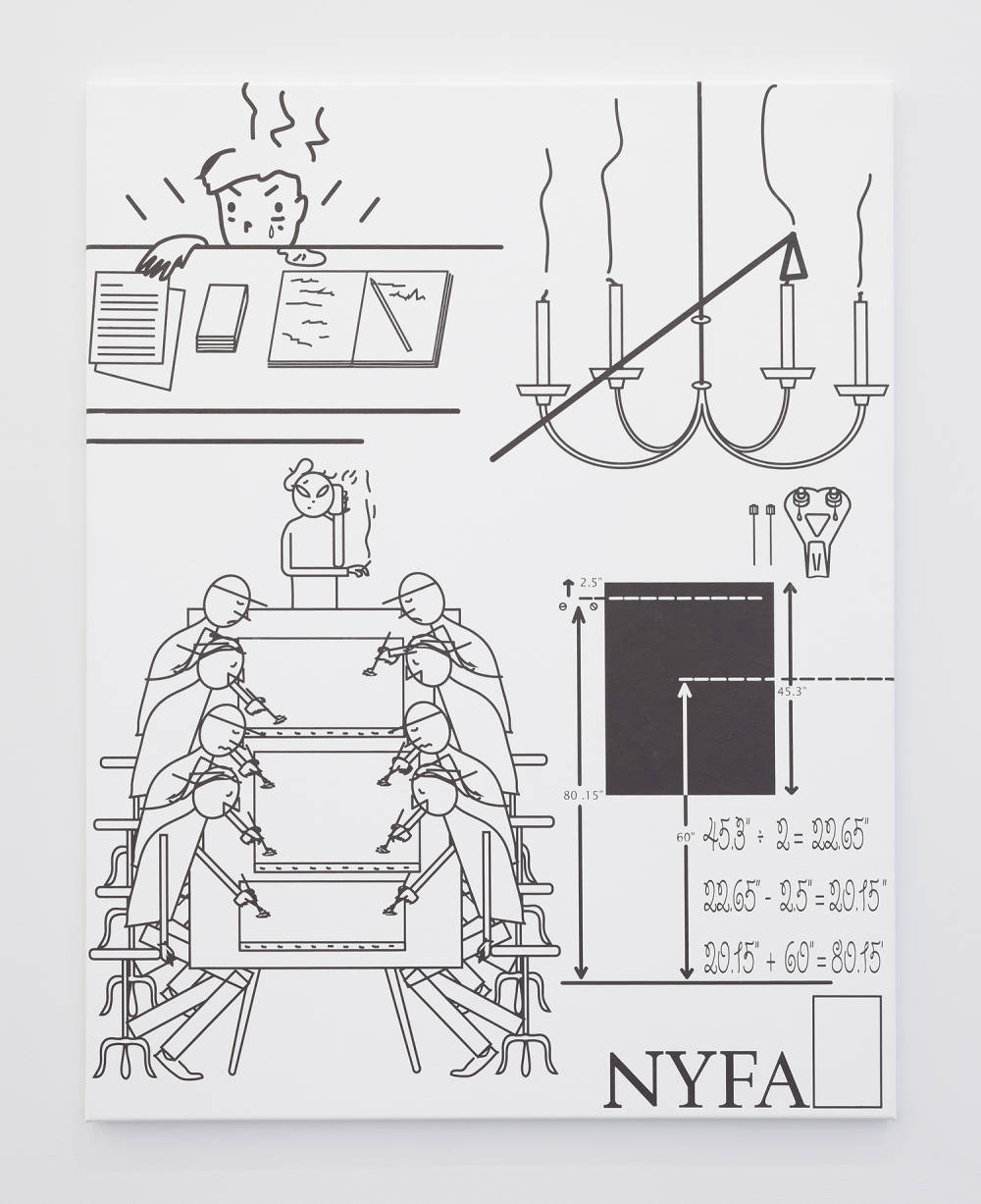 Image of an oil on canvas painting depicting an angry person at a desk, a candelabra, a studio with many assistants working on multiple paintings, the NYFA logo.