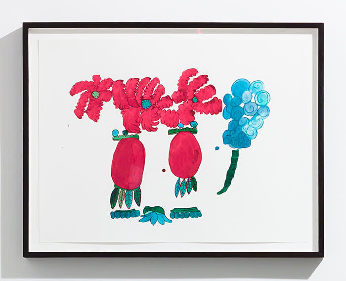 Image of an ink drawing on paper by Christine Rebet depicting objects against a white background rendered in green, blue and red ink. These objects appear to be interpretations of a flowering plant, an object billowing smoke.