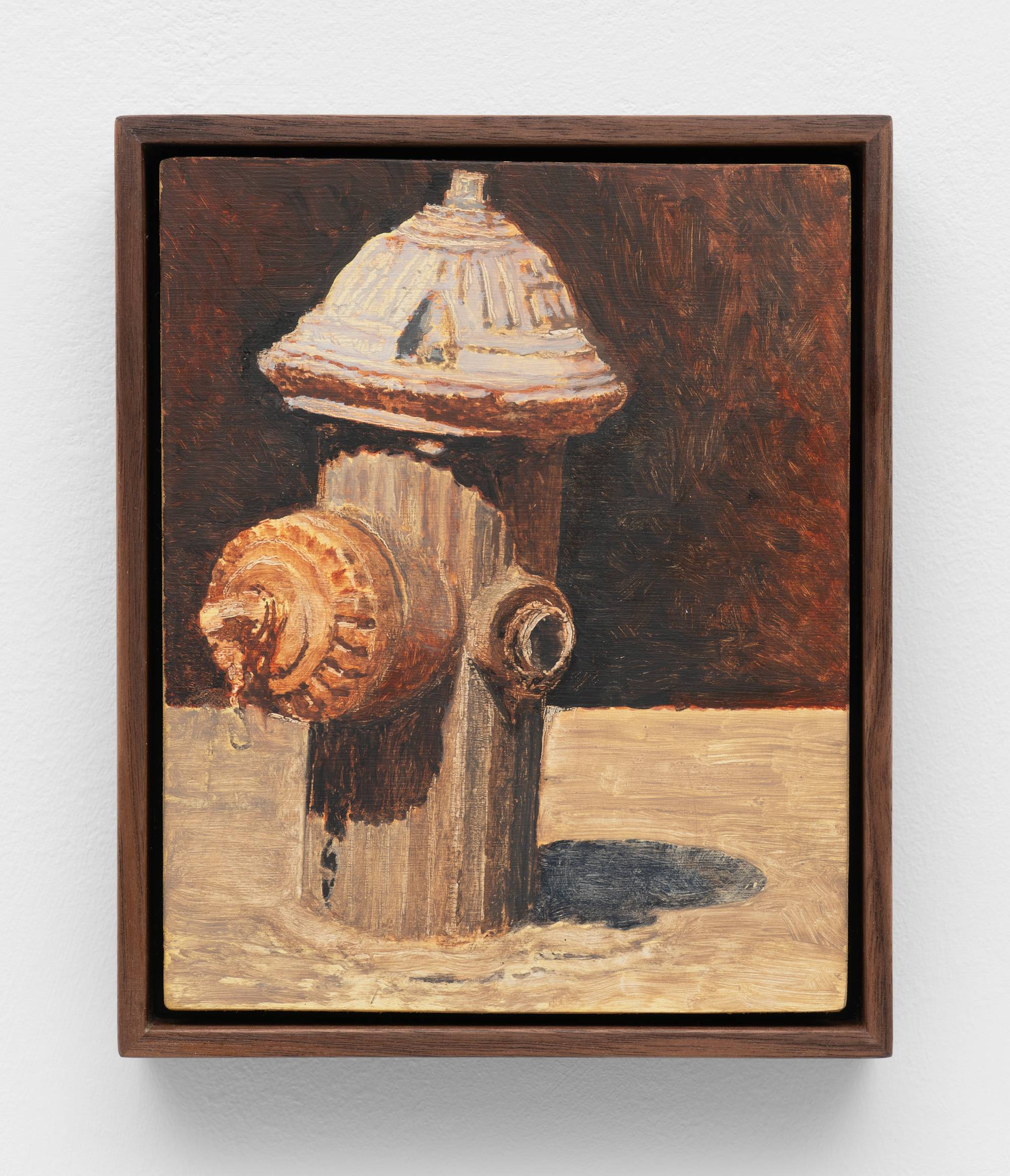 A small, dark wood framed painting of a fire hydrant in muted brown tones.