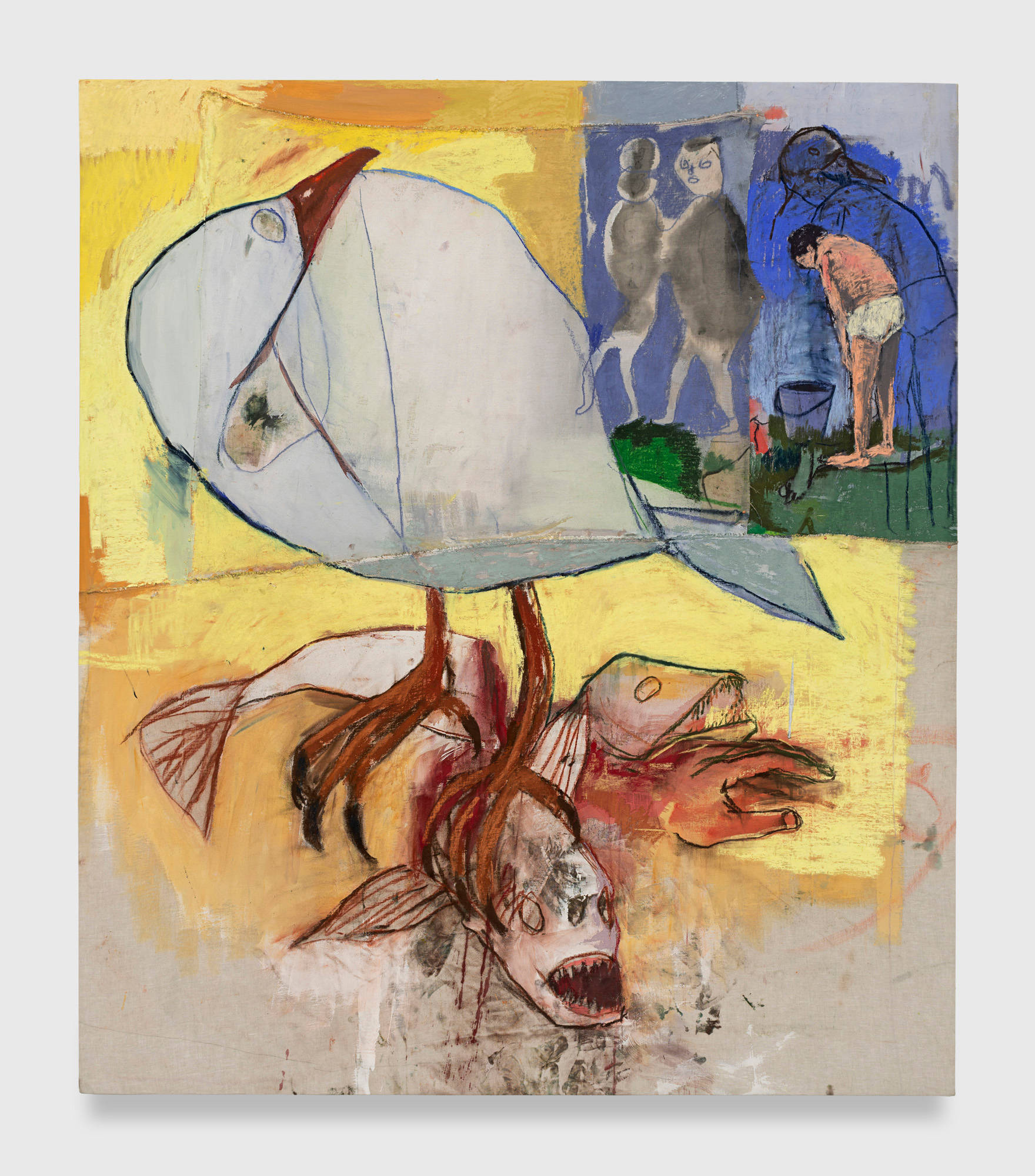 A painting on plywood with raw linen stretched over the bottom half depicts a white seagull grasping two orange fish and a disembodied hand against a yellow background. Int the top right corner, a boy slumps, standing over a bucket on green ground against a blue sky. To his left, two figures are created from an accidental stain on the linen.
