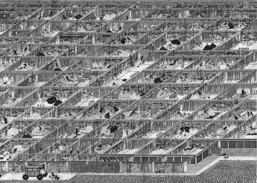 Black and white pen and graphite drawing by Kyung-Me rendered in perspective, showing many different rooms and stalls in a gridded pattern, like viewing a market from a birds eye view.