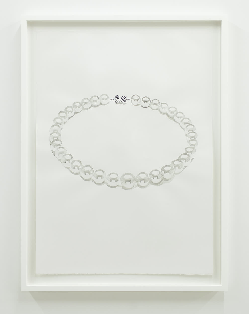 Image of an ink drawing of a pearl necklace floating in the middle of the page, in a white frame.