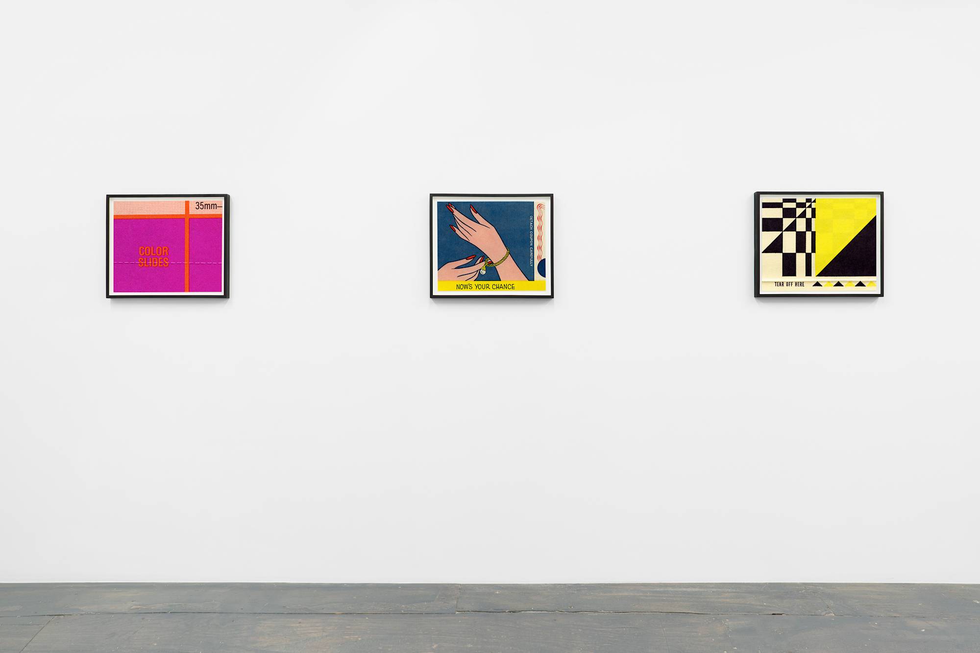 Along a gallery wall, three photographs depicting close-up details of vintage mid-century sewing magazines.