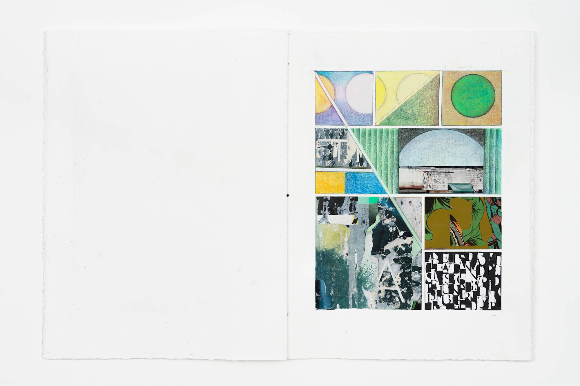 Photographed from above, an artist book spread open to a page containing a series of colored pencil drawings, collaged comic books graphics, and slivers of photographs.