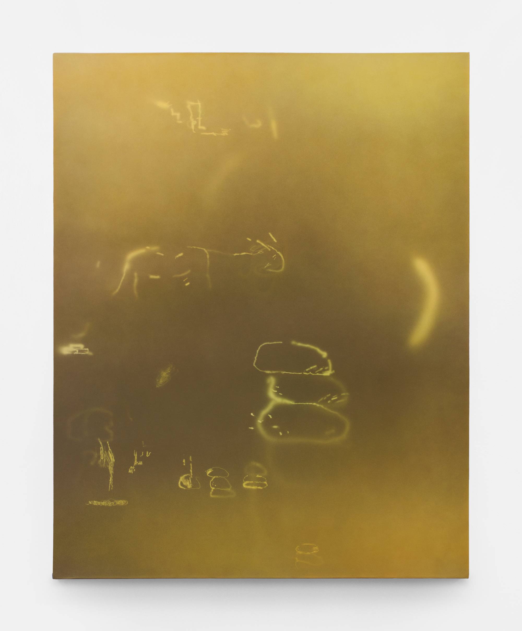 A vertical abstract painting rendered in gold paints, with a series of airbrushed marks.