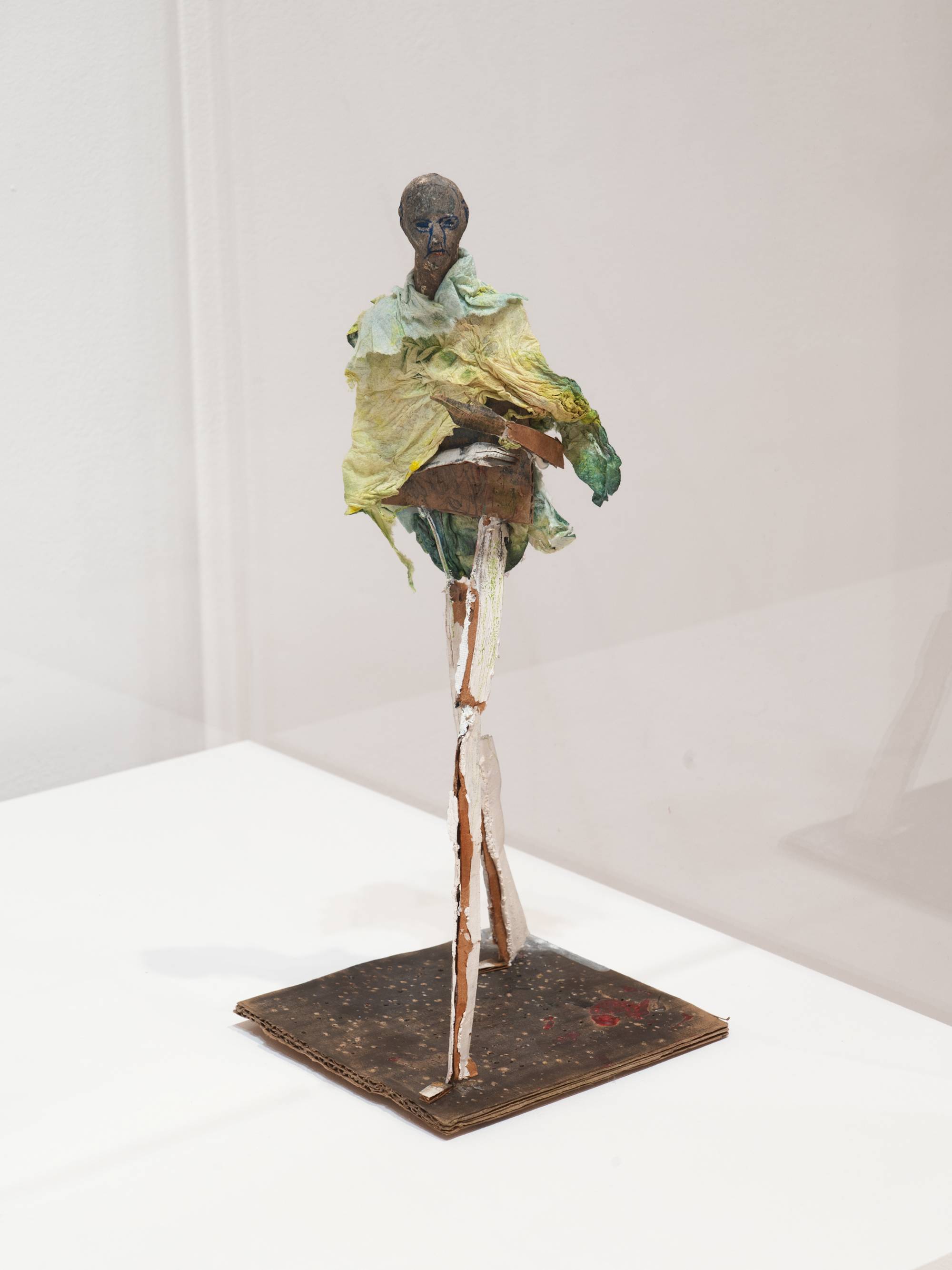 Wide Strider, 2025, Tempera, acrylic, ash, ink, crayon, and graphite on, modeling compound, wire, tape, glue, paper towel, and cardboard
13 × 5 ¼ × 5 ½ in. (33.02 × 13.34 × 13.97 cm)