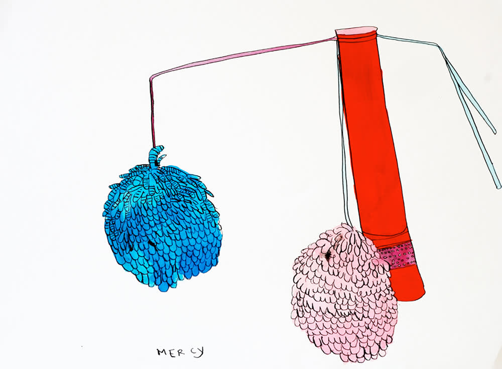 Image of a color ink drawing by Christine Rebet of a blue and pink pom pom hanging off blue and red straws, attached to a central larger red pole; at the bottom it is handwritten: 'mercy'.