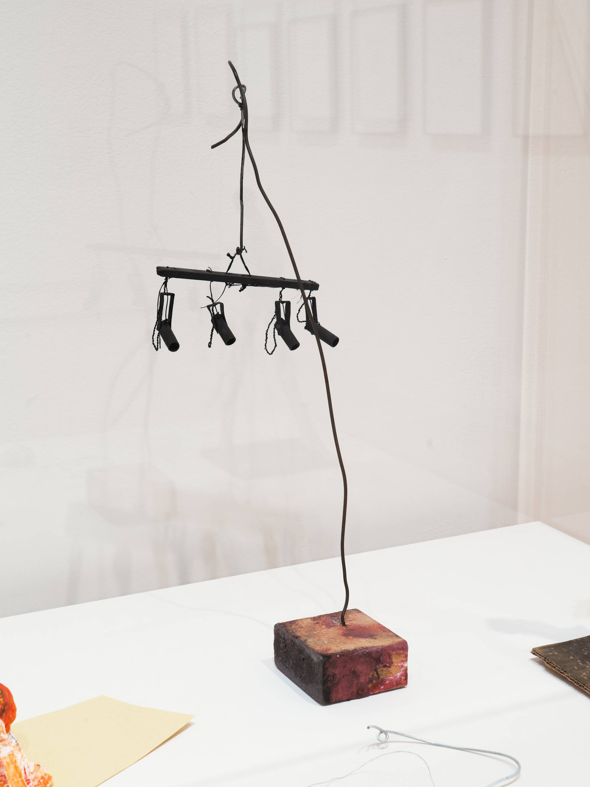 Theater Lights, 2025, Tempera, ink, ash, acrylic, and oil paint, on cardboard, aluminum, wire, and wood, 18 ½ × 8 × 8 ½ in. (46.99 × 20.32 × 21.59 cm)