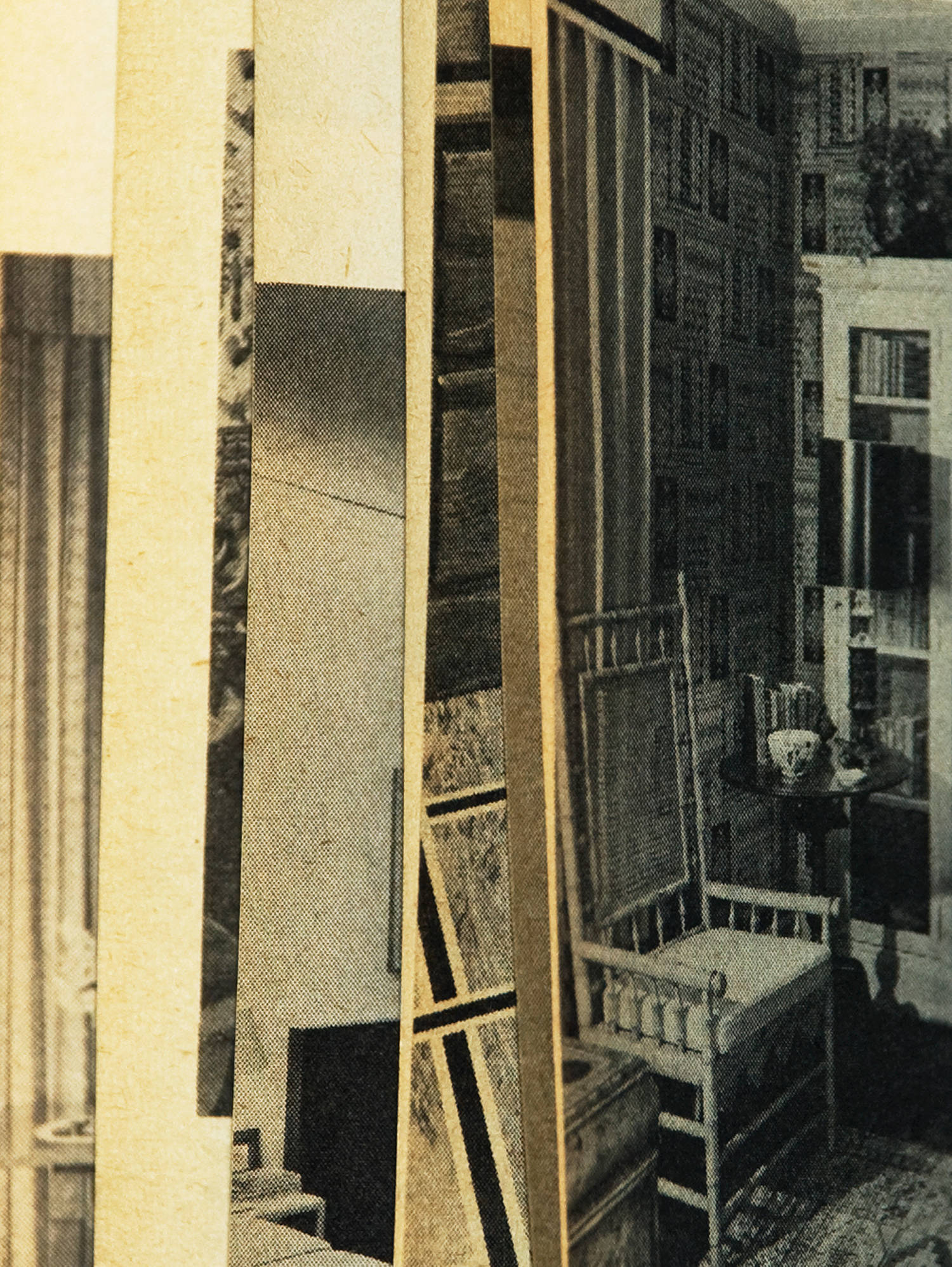 Abstract color photograph in tones of tan, yellow, brown and black. There are many vertical lines, slivers of indiscernible images between each one. To the right side is revealed a narrow image of an antique wooden chair within a highly textured living room.