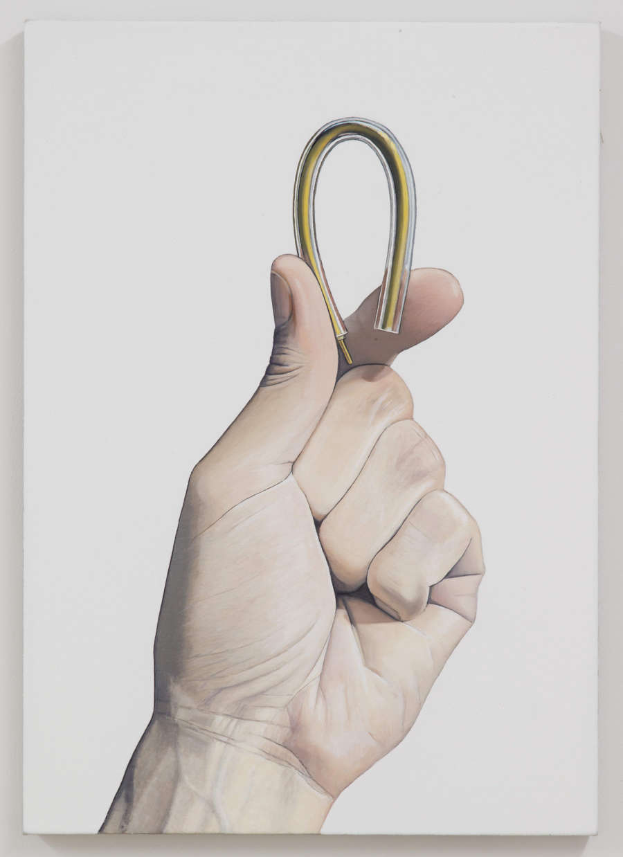 Oil on canvas painting depicting a caucasian hand bending a small piece of metal wire in a transparent tube between their index finger and thumb.