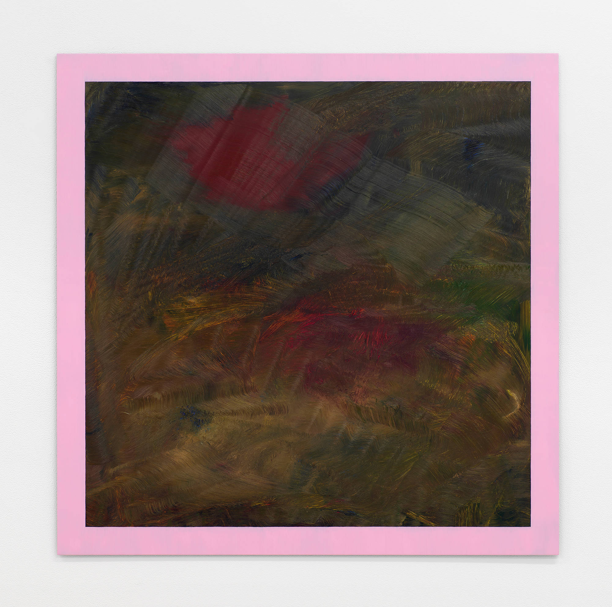 On a white wall, a square abstract painting depicting a series of gestural brush marks in red and brown with a painted pink frame along the edges.