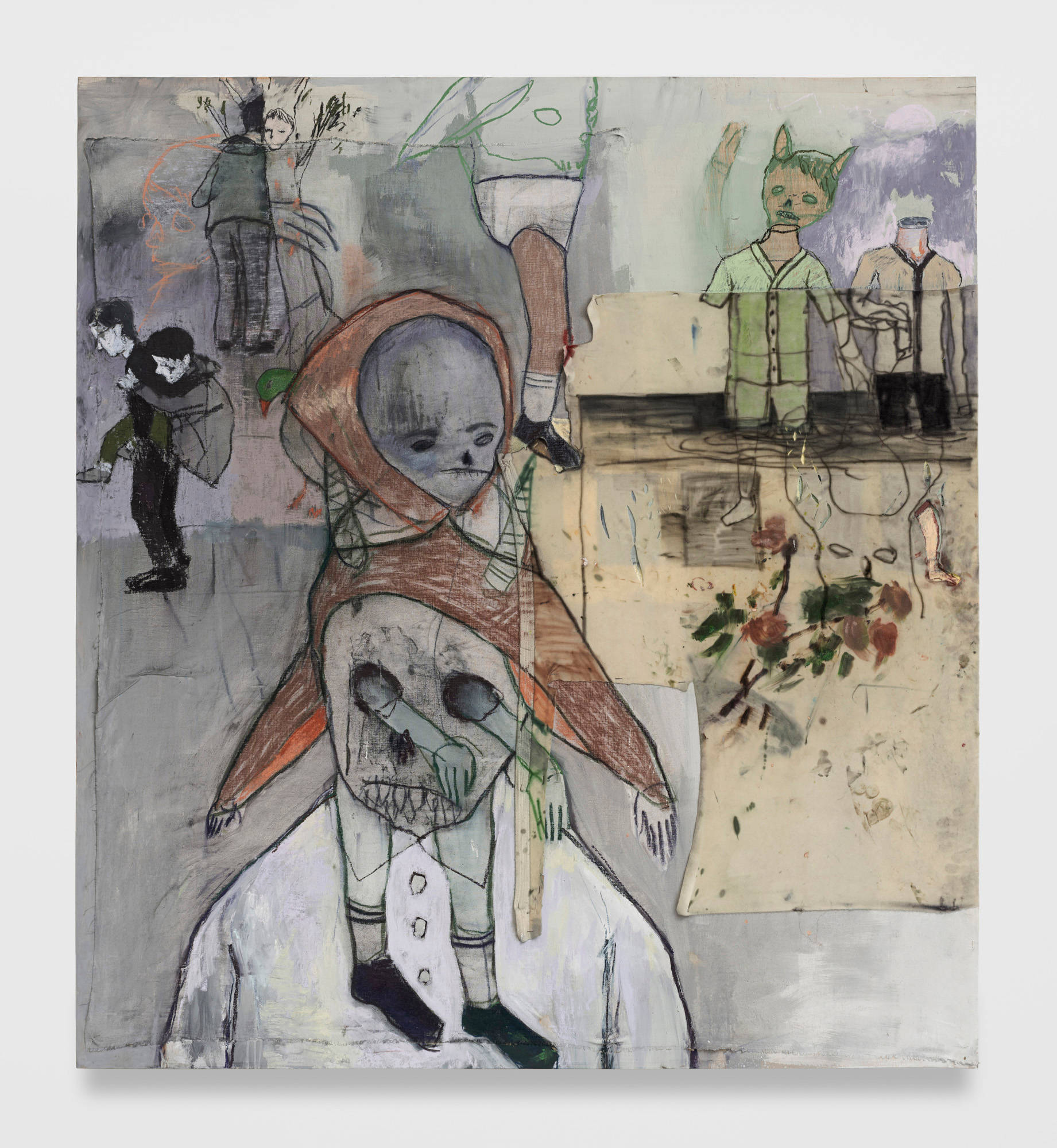 An abstract painting on plywood with a cream colored velvet wrapped around the middle right side and held in place with copper nails. The painting depicts several abstracted figures, in a variety of poses, dressed in dark red, mint green, black, grey, and white clothes, layered on top of a violet tinged grey background.