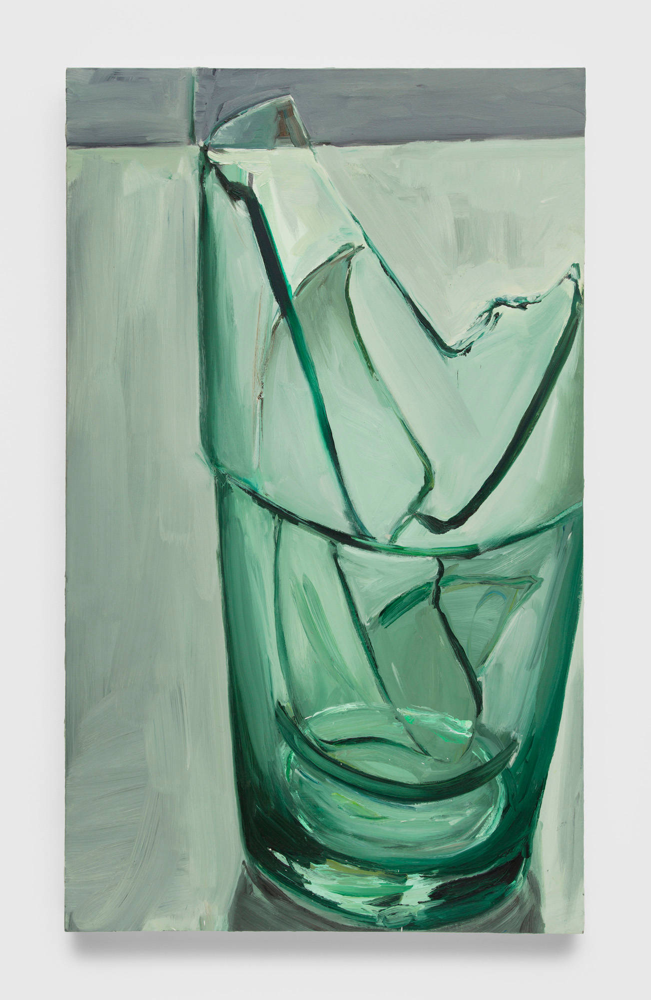 A painting on stretched canvas depicts a broken glass in hues of blue, green, and grey. The glass is shifted slightly off center to the right and off the frame, but occupies the majority of it.