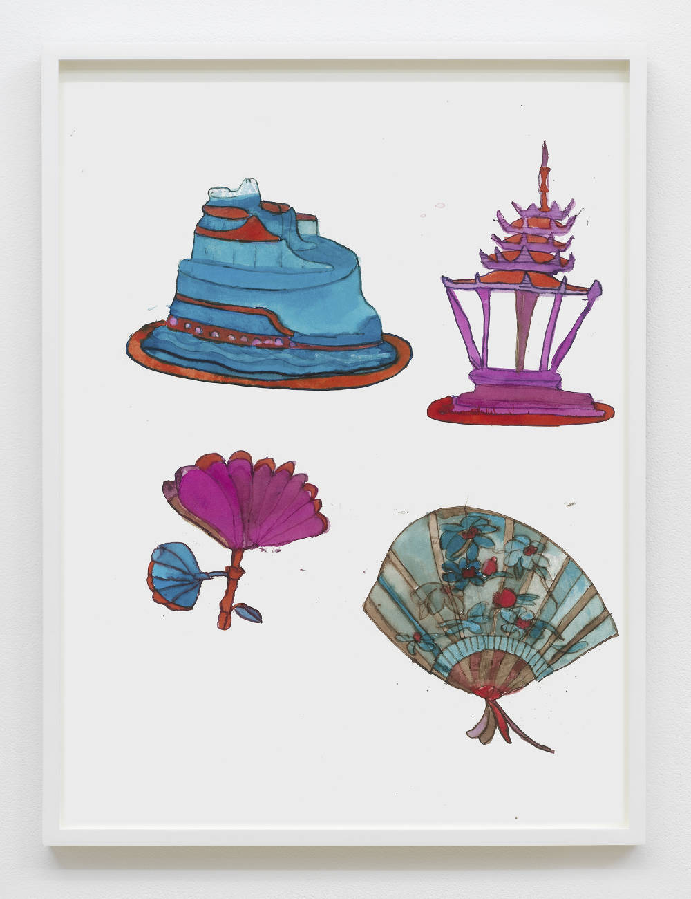 Image of an ink drawing on paper by Christine Rebet depicting four objects against a white background rendered in blue and purple ink. These objects appear to be interpretations of a flowering plant, a traditional hand fan, and a mountain temple. 