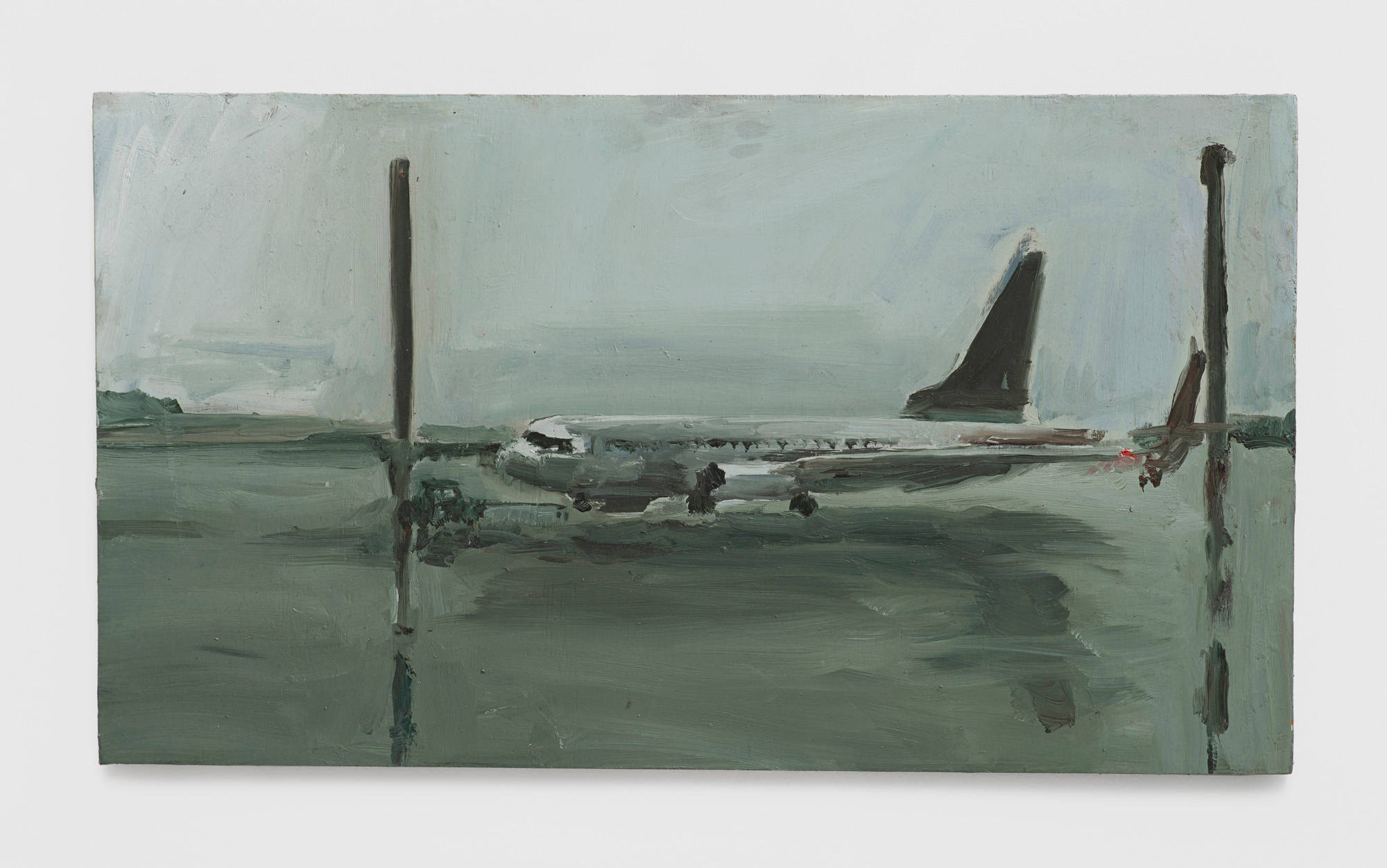 A small oil painting on wood depicts an airplane taxiing on a runway in the rain from the view of the airport terminal.
