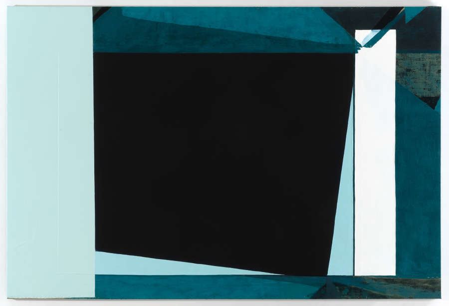 A large, horizontal dark blue/black painting with stripes of white, dark turquoise and light blue on the edges. Some elongated triangular shapes appear at top and right and along the bottom, the result from folding the canvas.