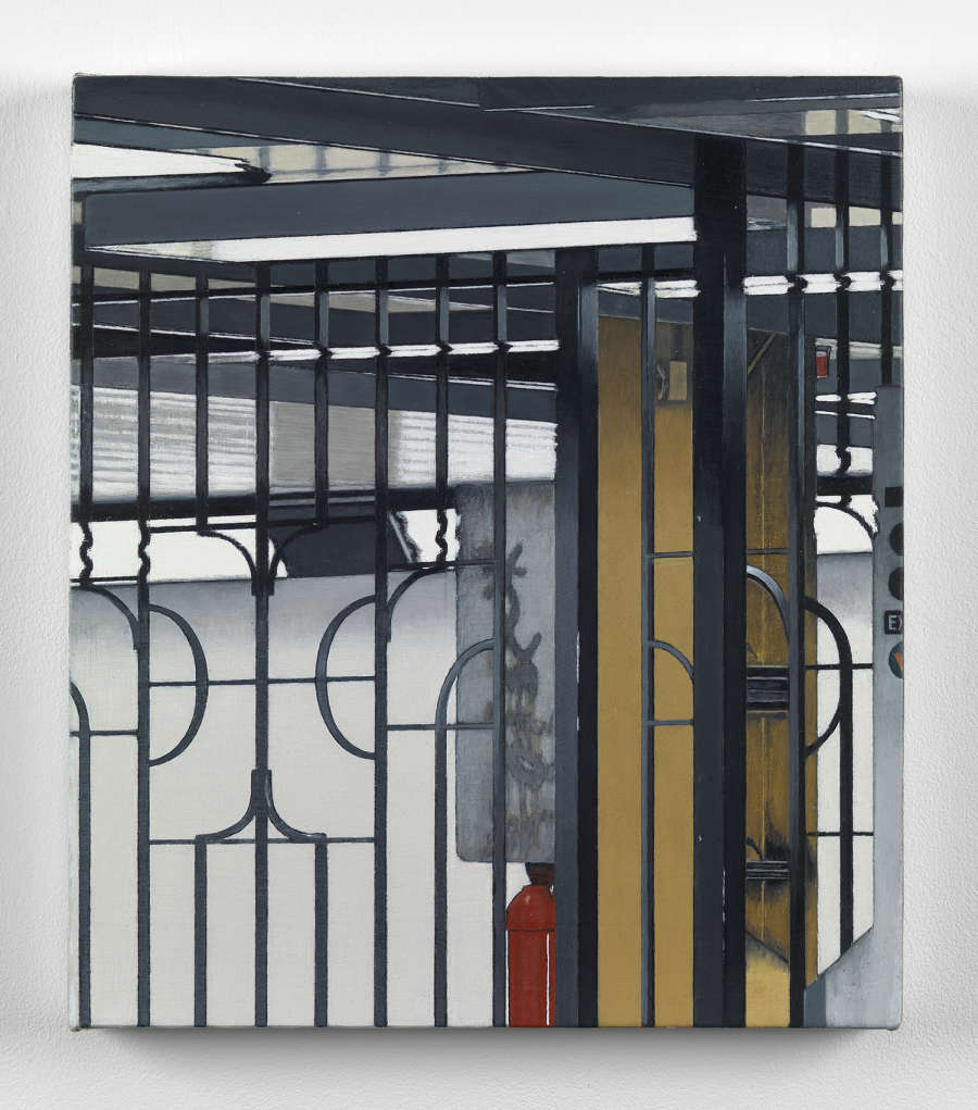 Oil on canvas painting depicting the metal gate of the inside of a train station in New York City, a yellow pillar and red fire extinguisher visible behind the gate.