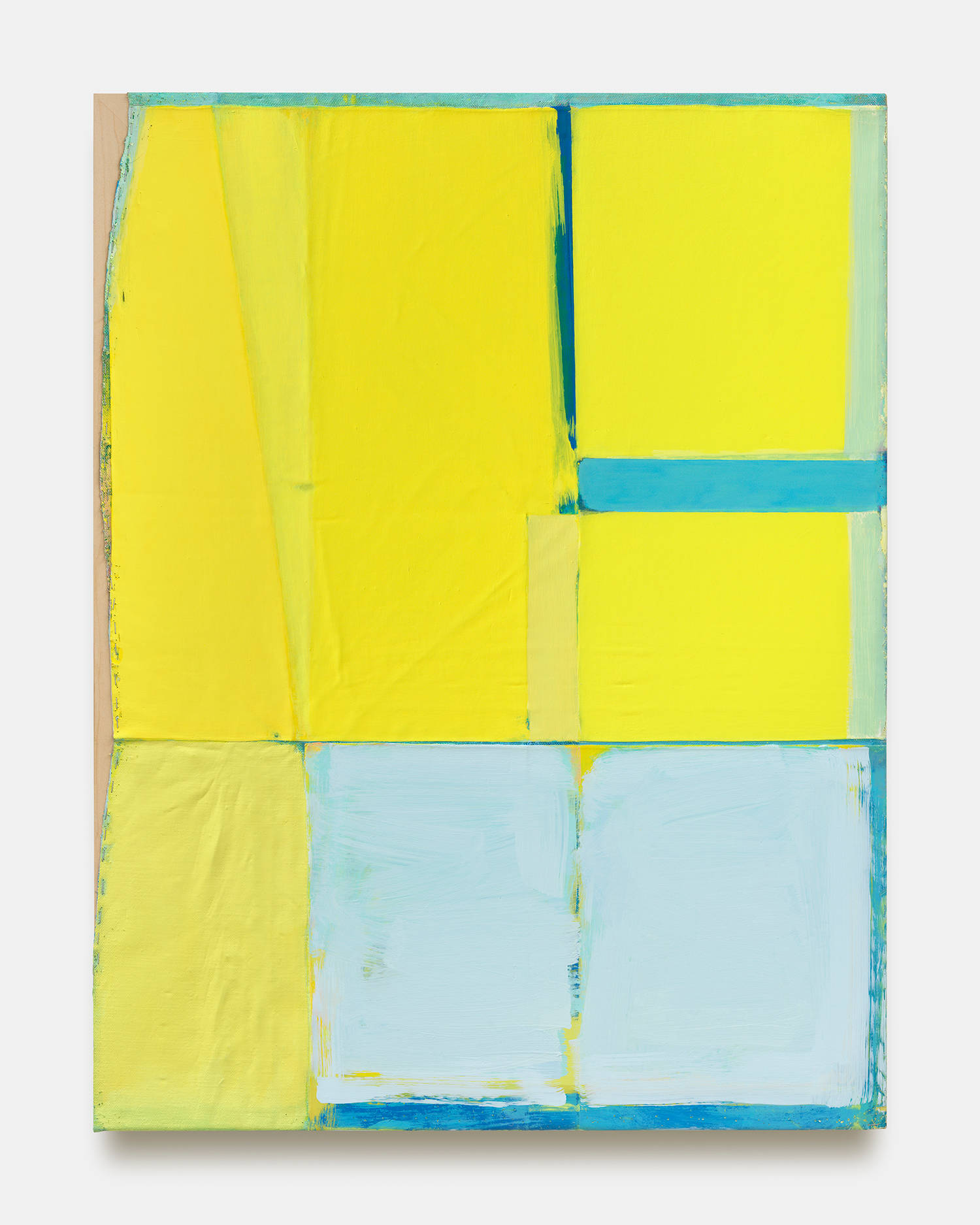 A medium-sized abstract painting on a white wall The painting is a combination of discreet abstract shapes painted in bold colors. The outstanding colors are a hue of yellowish-green and soft blues. The paint is thick and brushy and the canvas is rough with creases.