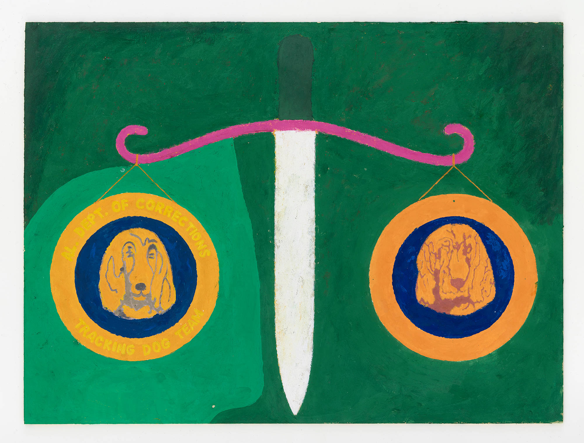 A small work on paper with a green background. In there center is a kind of scale with two weights hanging on either side with cartoon-like dogs drawn onto them. There is the text: "Dept. of Corrections Tracking Dog Team."