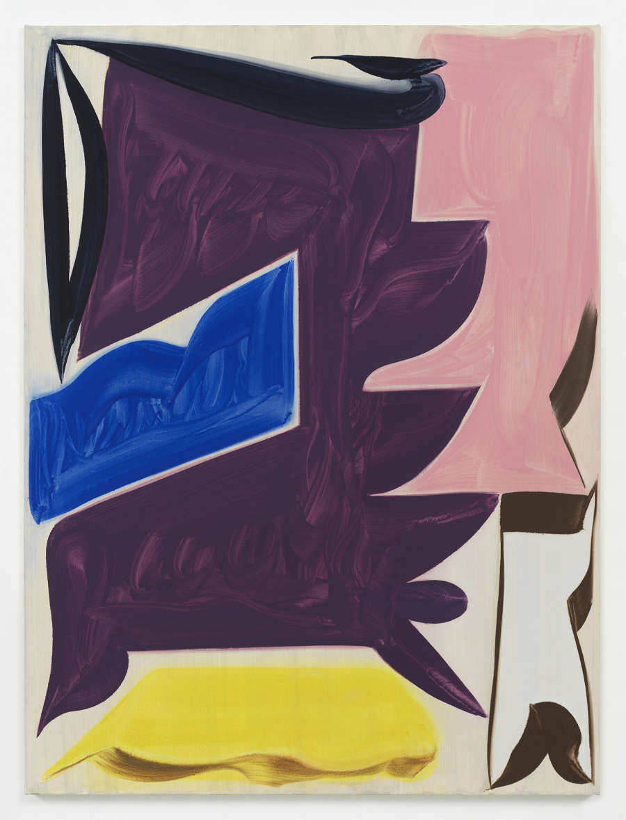 A large abstract painting. The painting contains numerous, dominant abstract shapes in bold color. The paint is thin and gestural. The dominant colors are shades of pink, purple, yellow, blue, black, and brown. 