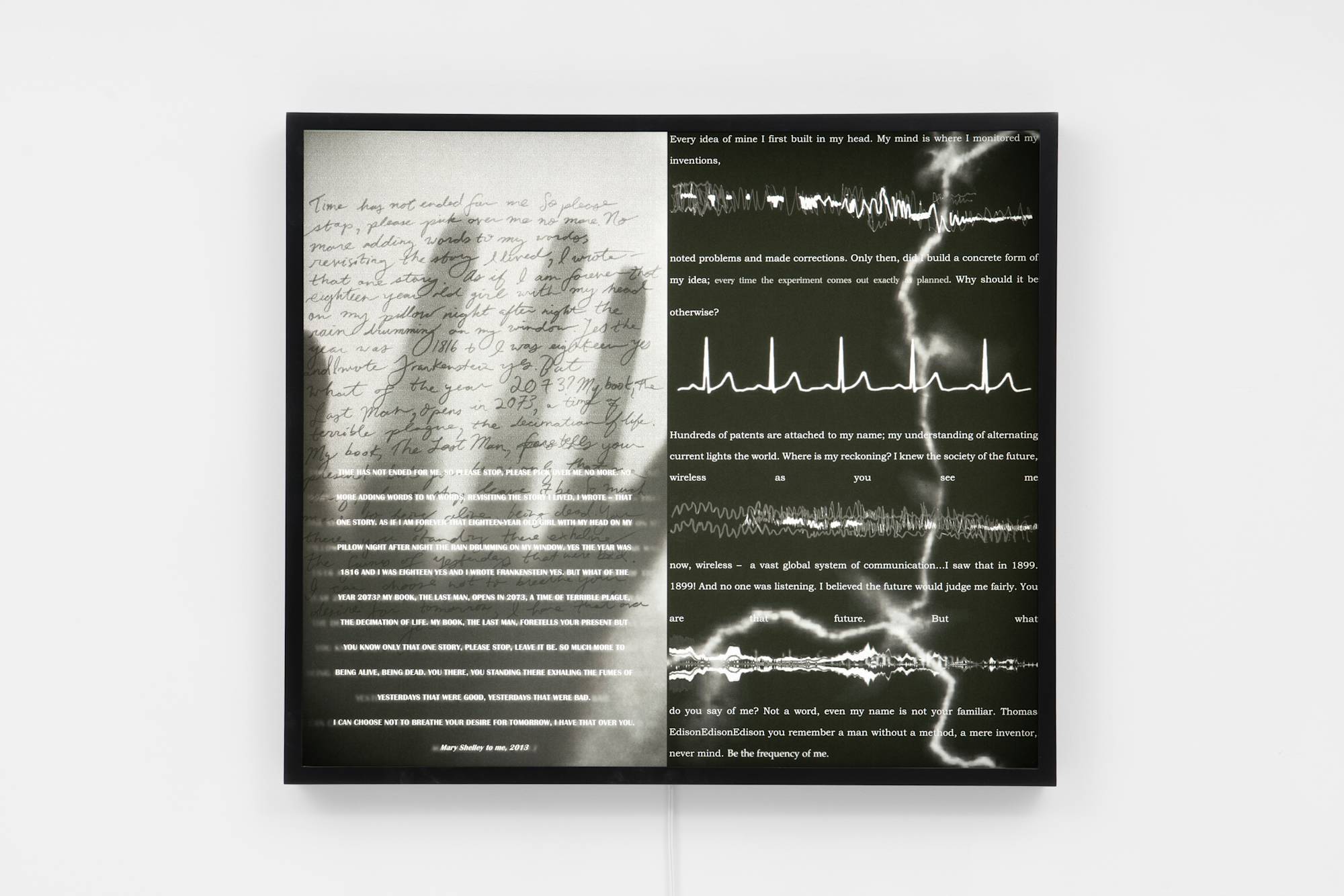 Constance DeJong, Mary Shelley and Nikola Tesla Lament, 2025, Digital print in lightbox, 22 ½ × 26 in. (57.15 × 66.04 cm)