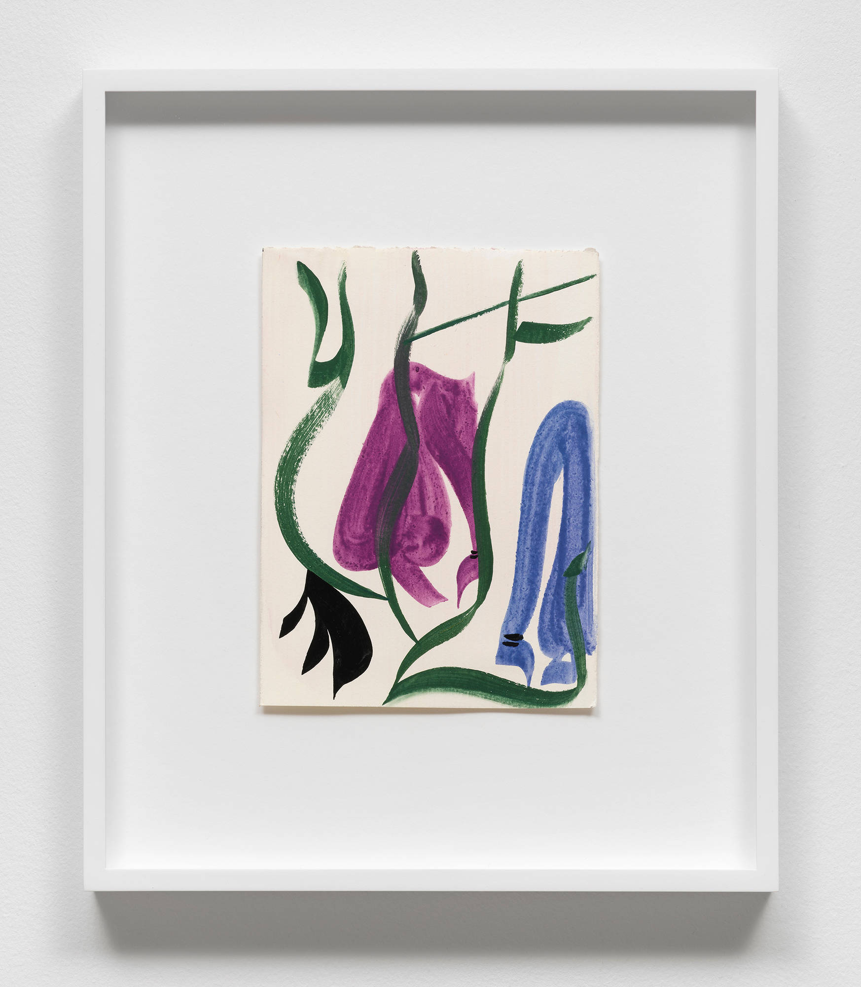 Image of a colorful oil on paper painting by Patricia Treib, with loose brush strokes against an off white background, framed in a white frame.
