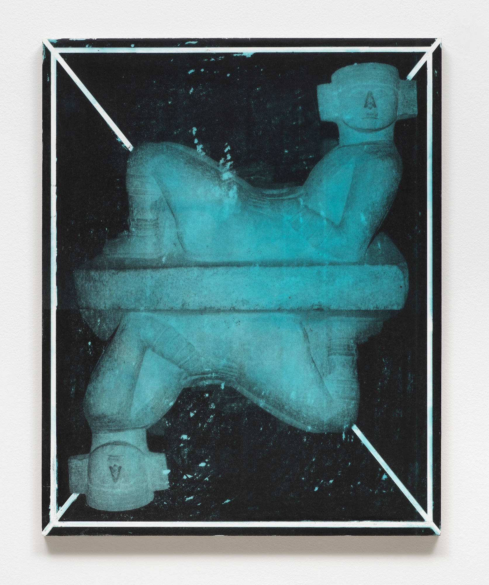 Image of a panel painting by Claudia Peña Salinas depicting the chacmool, a form of pre-Columbian Mesoamerican sculpture