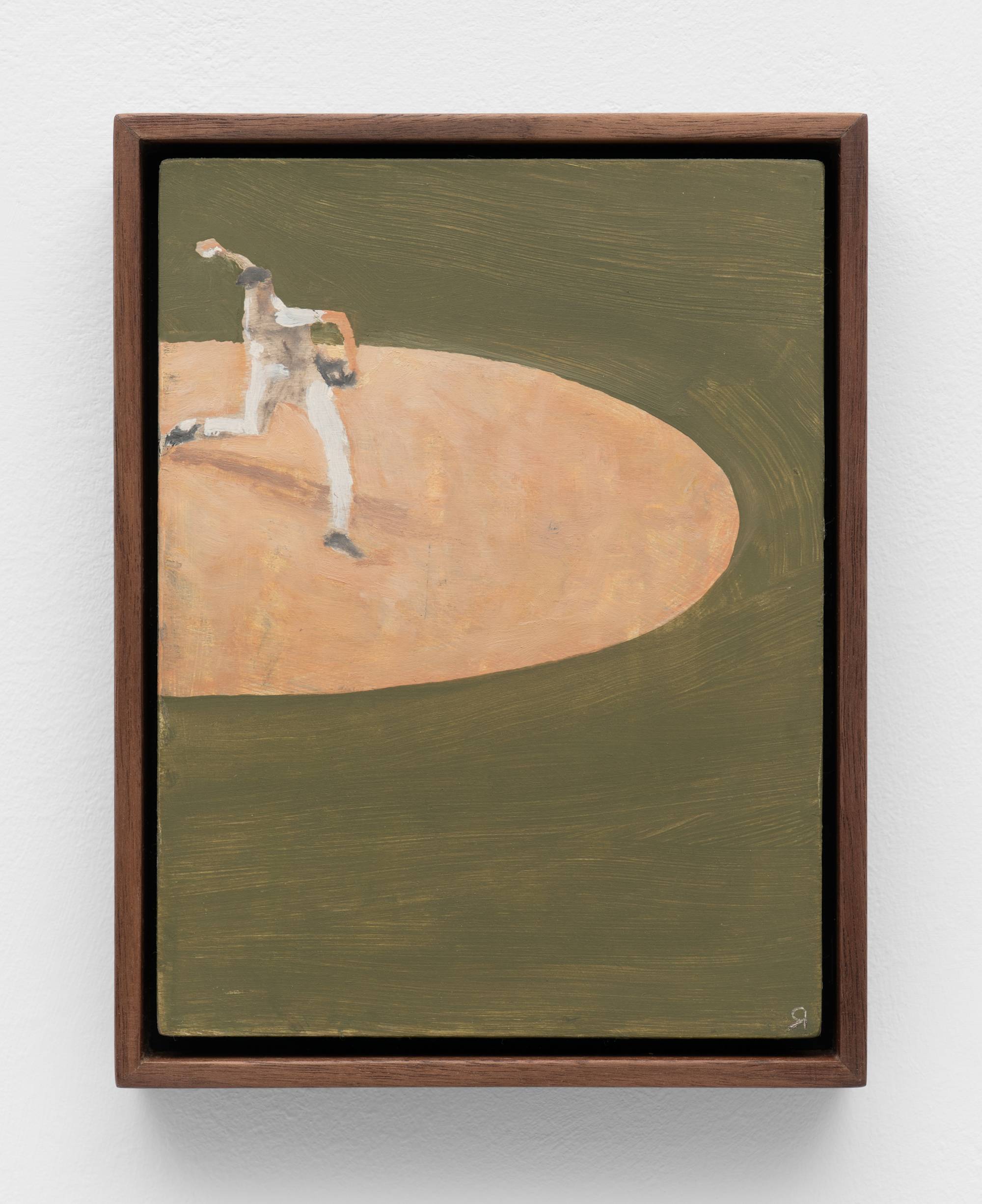 A painting depicts a stylized baseball pitcher in mid-throw on a pitcher's mound. The artwork is framed in dark wood and hangs against a white wall.