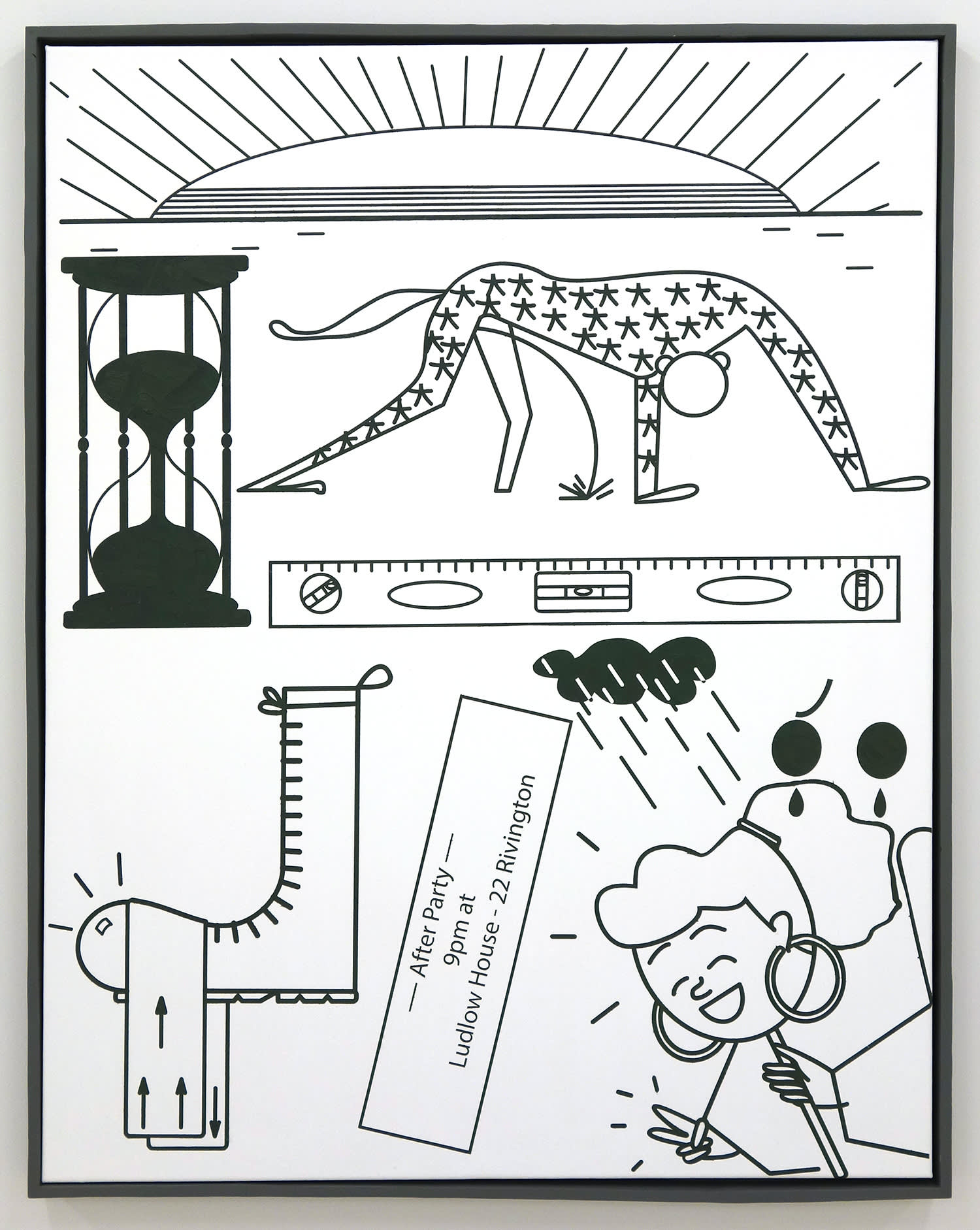 Image of painting depicting an hour glass, a ruler, a sun, a person holding a mask, and a sign indicating the location of a party.