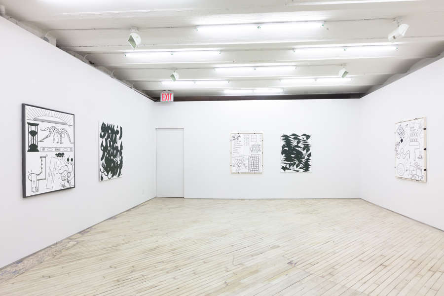 Installation view of a Jaya Howey exhibition at Bureau New York with five paintings hanging on the walls.